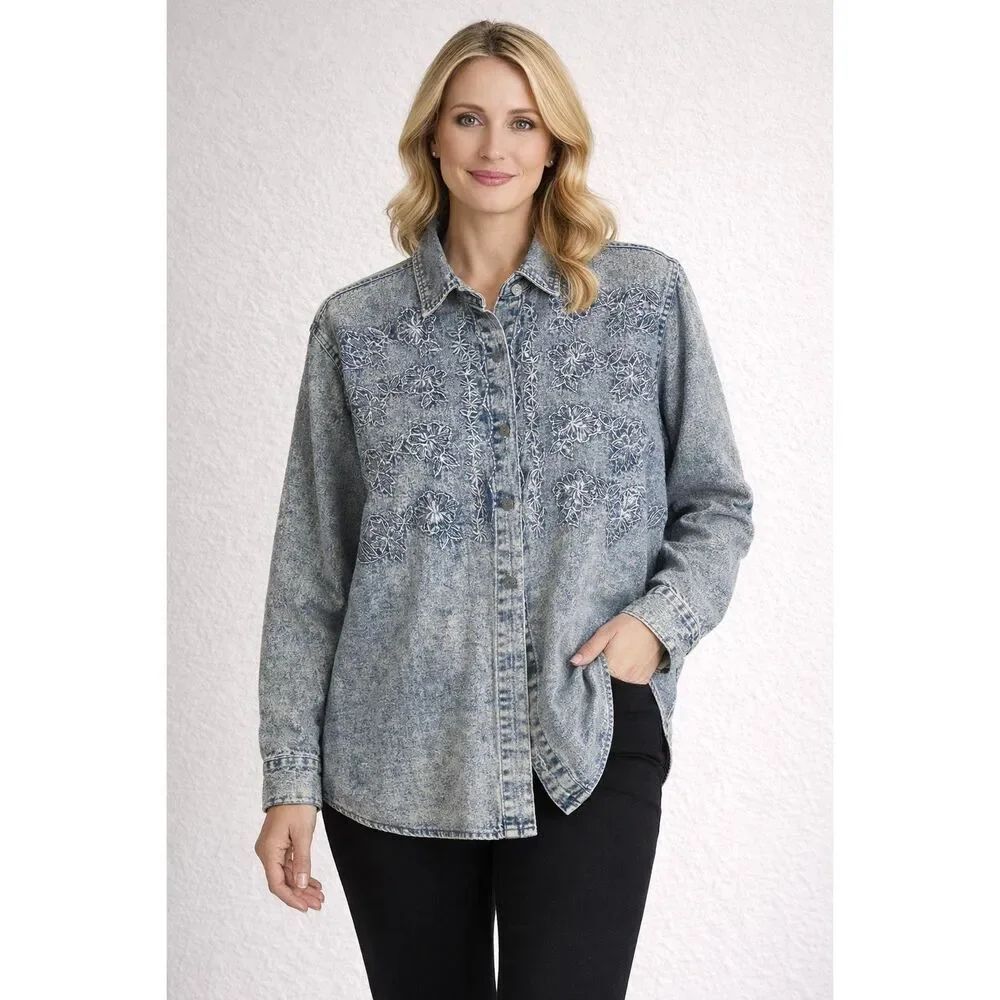 Vintage Tini Kee Floral Embroidered Denim Shirt 100% Cotton Acid Wash Boho  Sz S